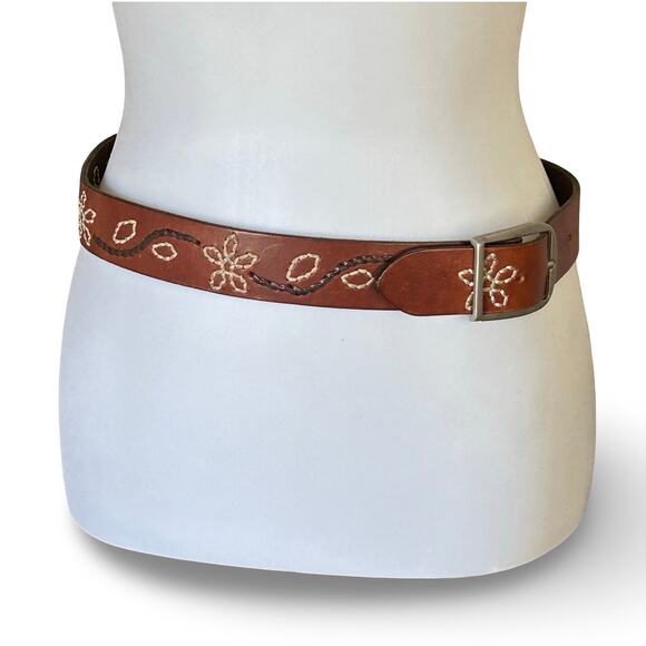 VTG 90s Nordstrom Handmade Leather Floral Stitched Belt Brown Sz M main image 4